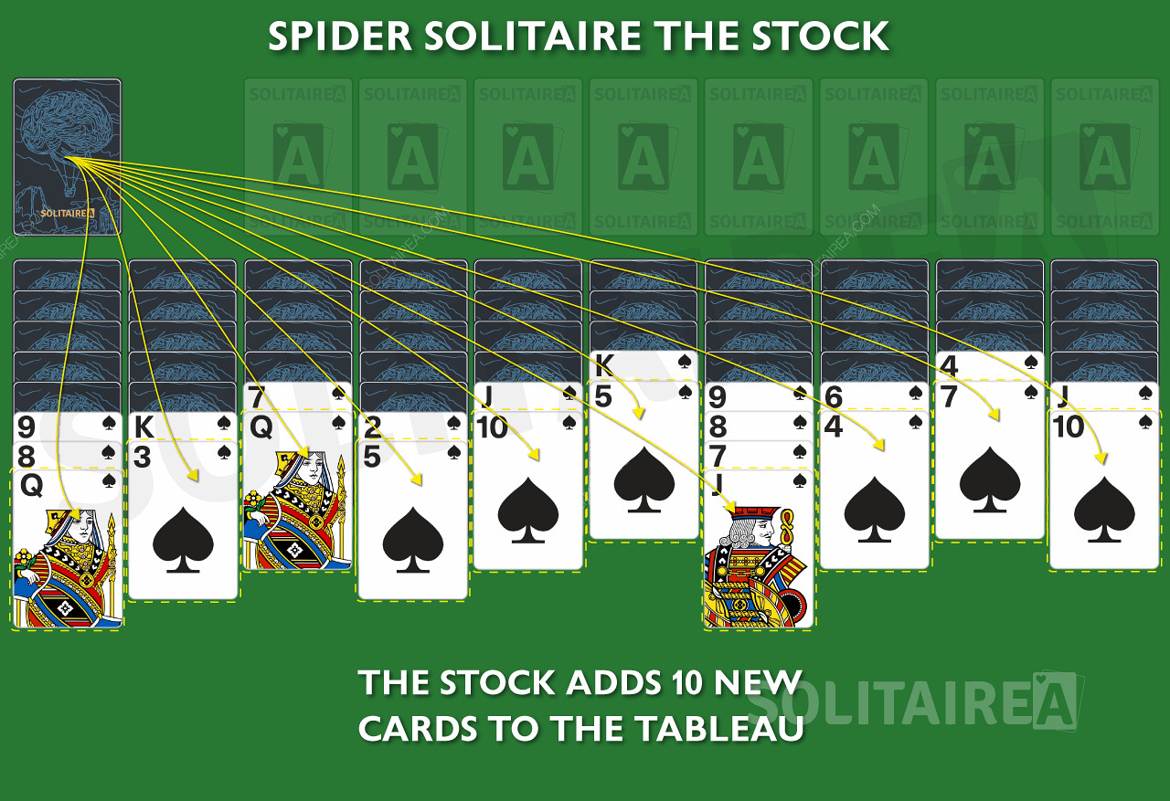 在蜘蛛游戏中，每一栏都会有一张新牌从股票中加入。