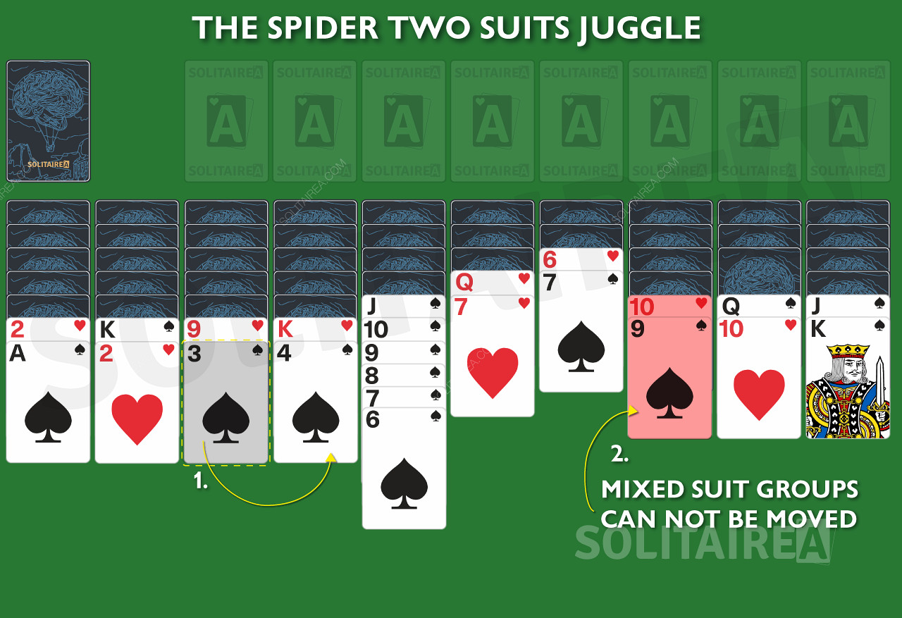 在蜘蛛纸牌2套中，混合花色组不能被移动